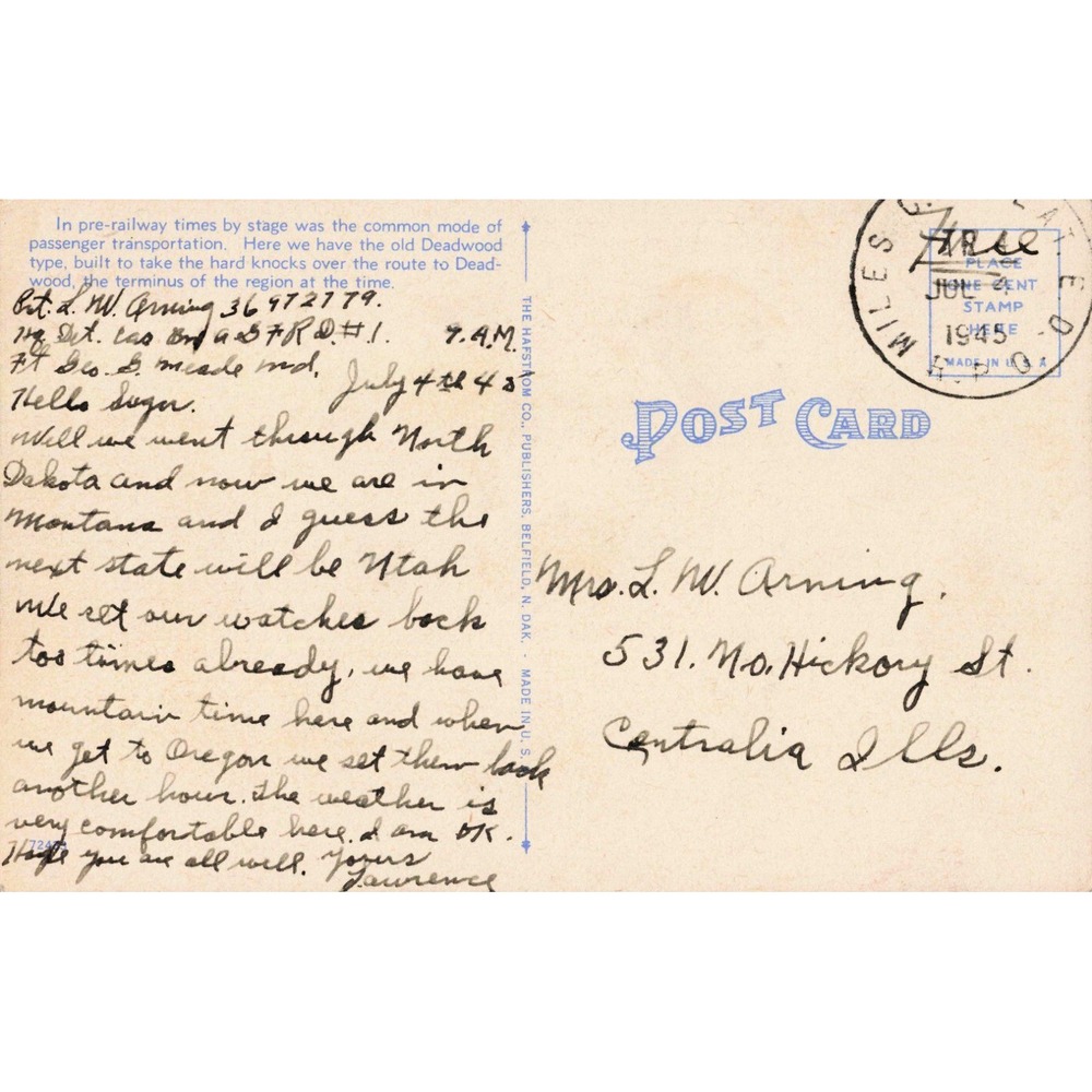 Vintage 1945 Deadwood Stage Linen Postcard Hafstrom Co Miles City MT Postmark - Picture 2 of 2